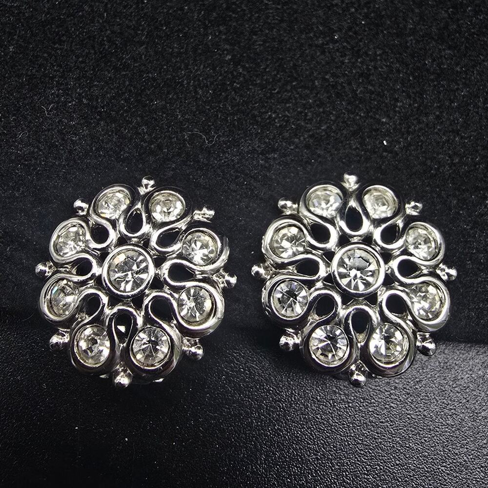 Clear Rhinestone Clip On Earrings Silver Tone Flower Shape Vintage Jewelry